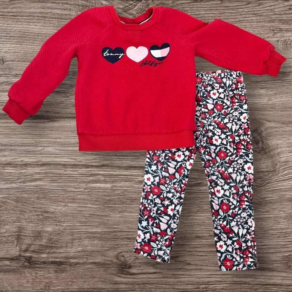 Tommy Hilfiger Red Heart Sweatshirt and Floral Leggings Set